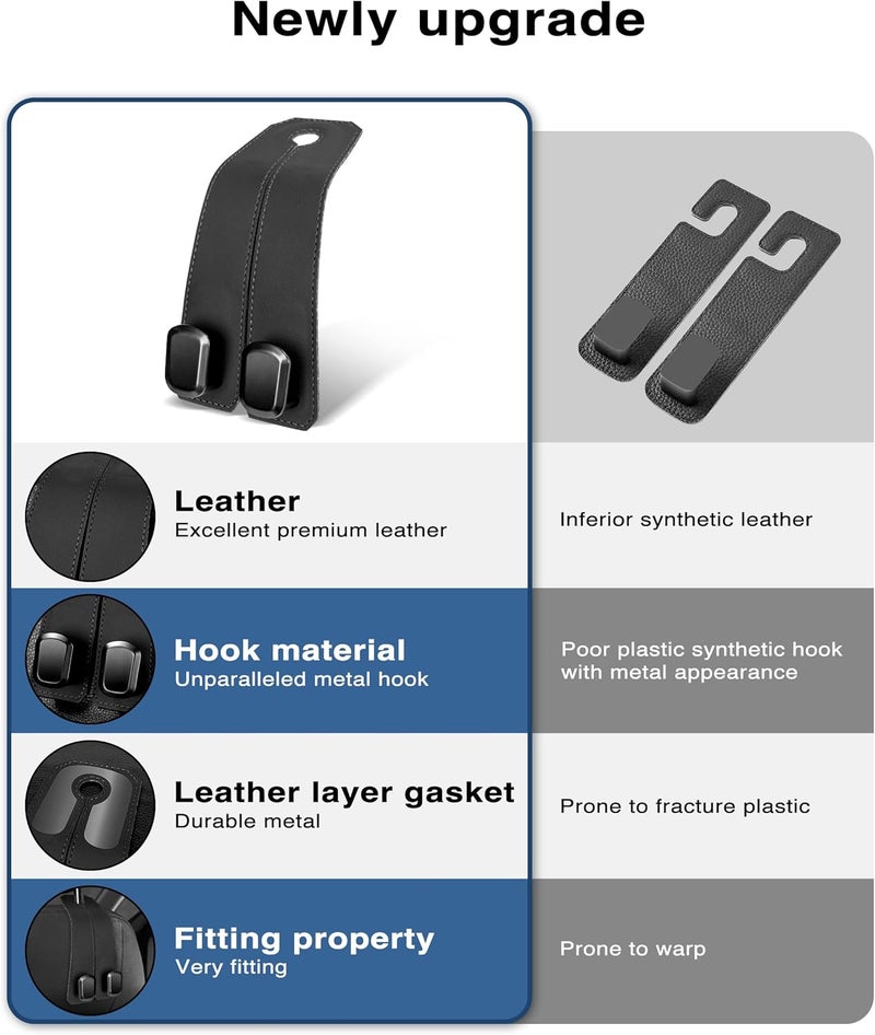 VETERBONE Car Hooks for Headrest, 2Pcs Seat Back Storage Hook Luxurious Leather 100% Metal Multifunctional Car Hanger & Holder for Heatrest, Seat, Bag, Purse (Black) - Image 3